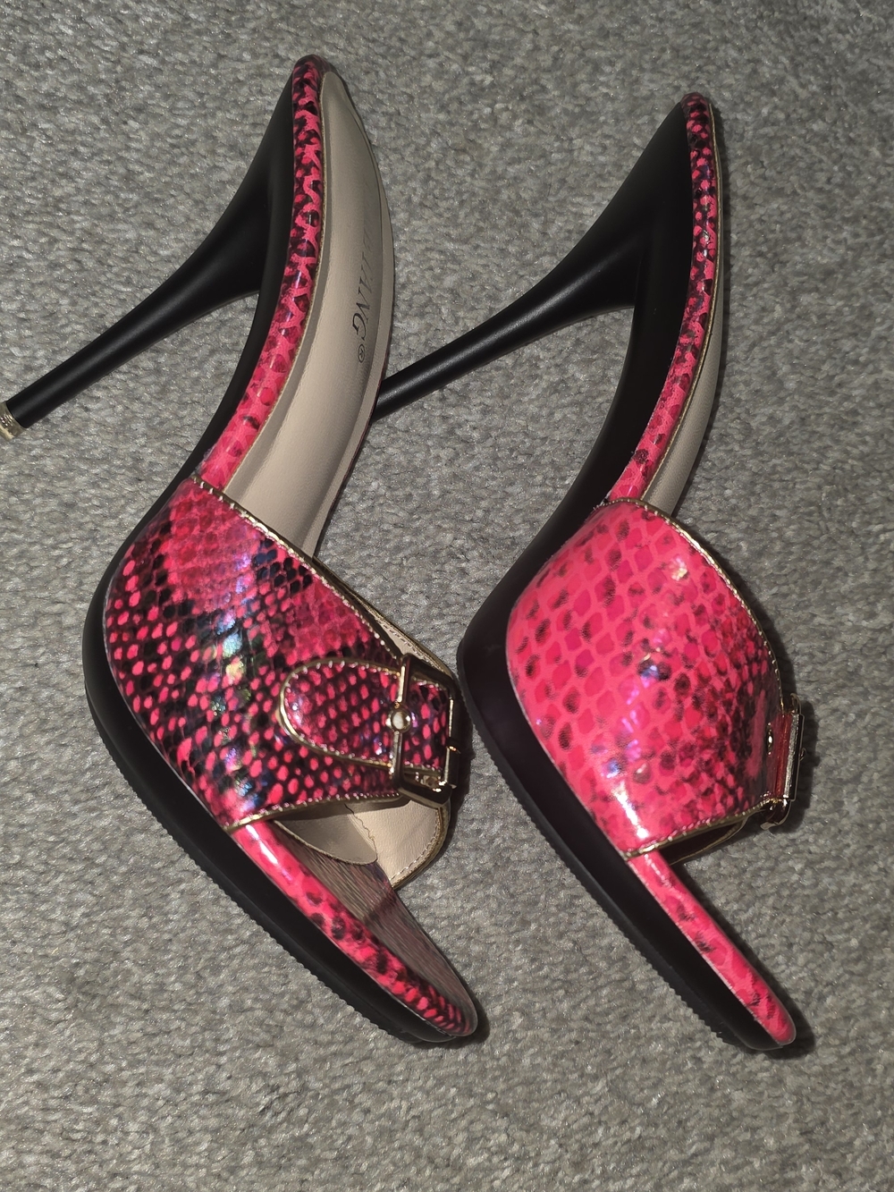Hot Pink Iridescent Snakeskin High Heel Slide Sandals Mules